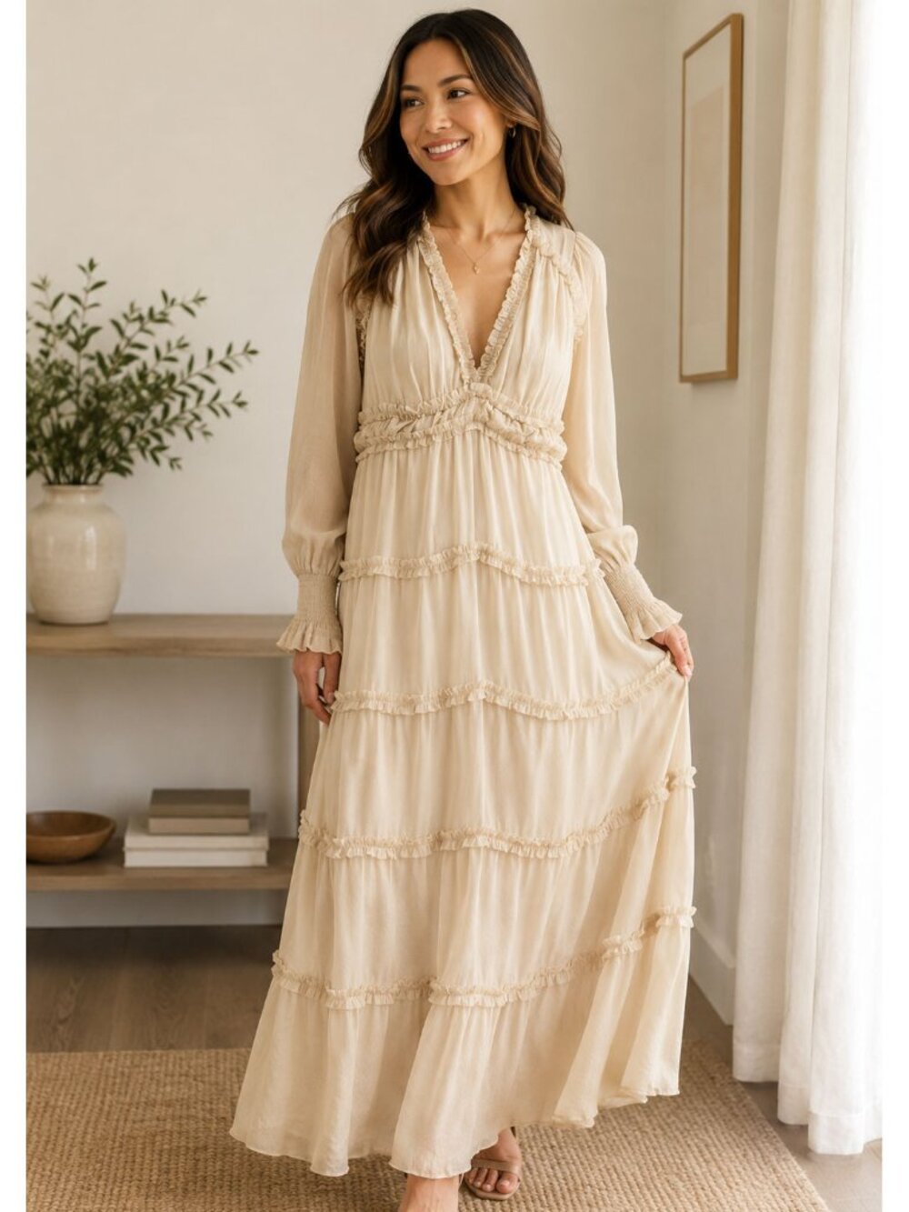 Chelsea & Violet Plisse Ruffled Tiered V Neck Maxi Dress